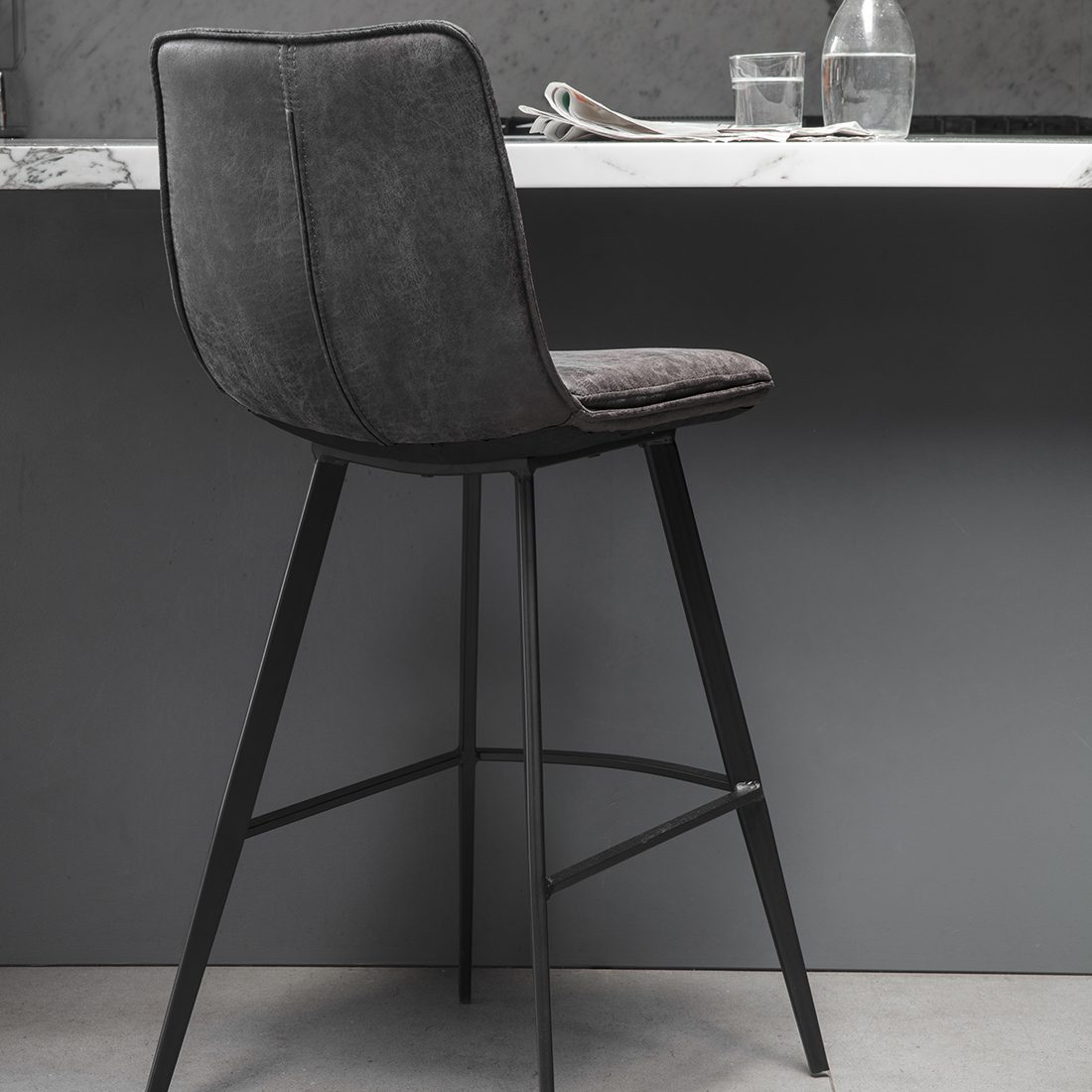 Vintage Grey Faux Leather Bar Stool, Grey Leather Bar Stools With Arms