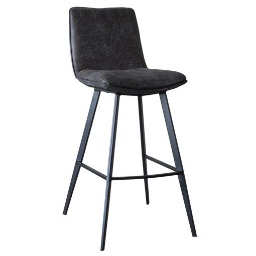metal based high backed bar stool upholsted in a vintage charcoal grey faux leather