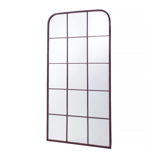 a tall slim rectangular wall mirror with a natural metal frame with curved corners and a window pane design