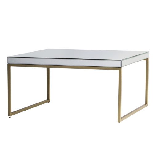 square coffee table comprising of a champagne gold metal framed base and raised mirrored glass top