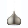 a round teardrop shaped brushed steel pendant light with black cord