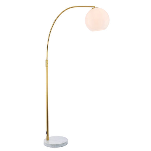 a contemporary floor lamp with gold stem and marble base with orb sphere