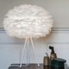 contemporary tripod table lamp with a black or white base and choice of small or medium white goose feather round lampshade