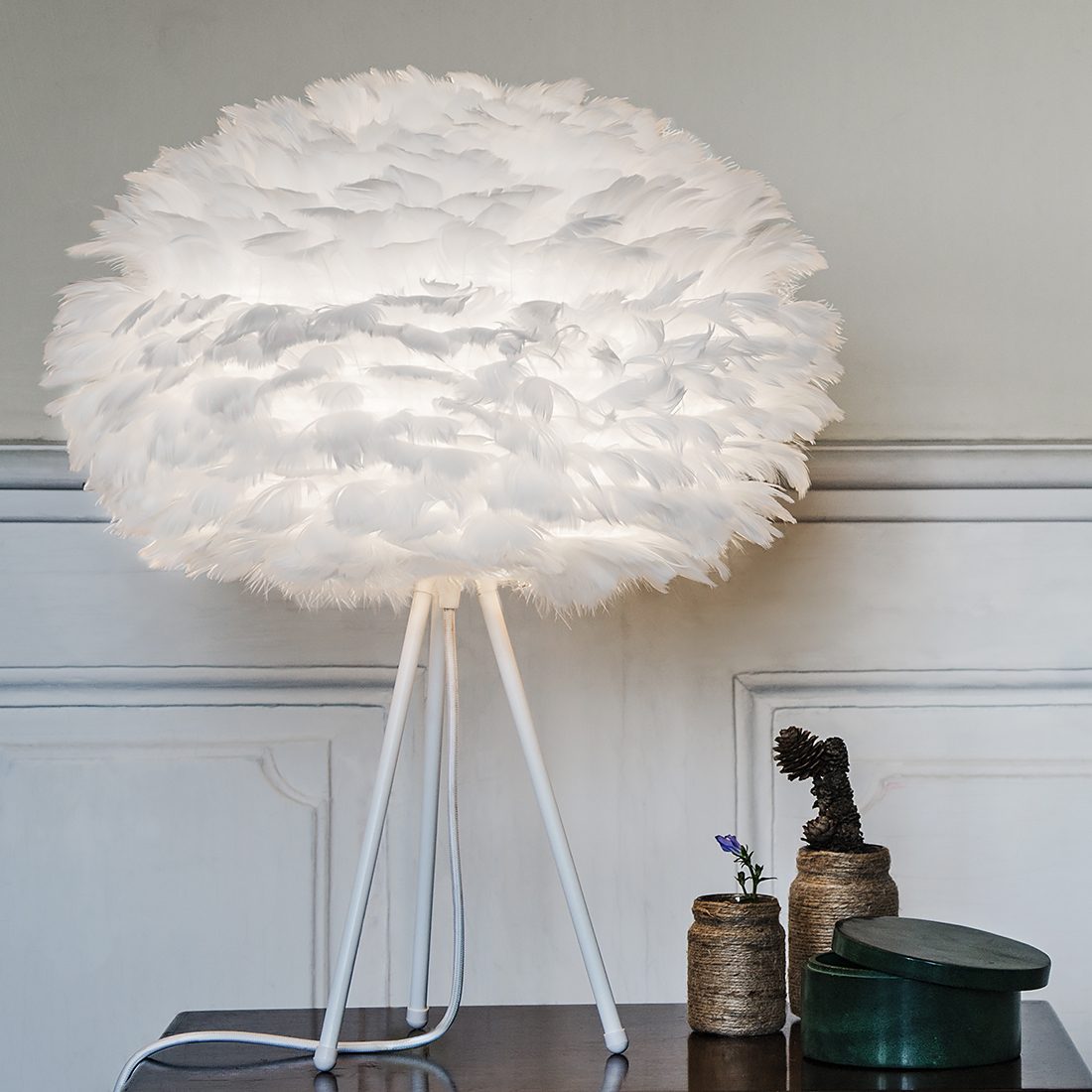 White Feather Shade Tripod Table Lamp, Small Black Table Lamp With White Shade