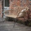 two seater scandi style bench with a black steel powder coated base and weatherproof hand-woven bamboo curved seat