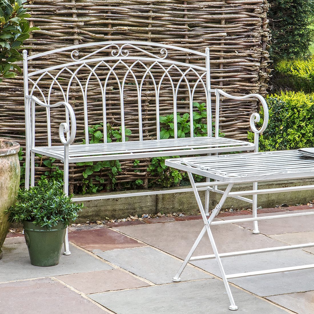 Melia Outdoor White Metal Bench Primrose Plum