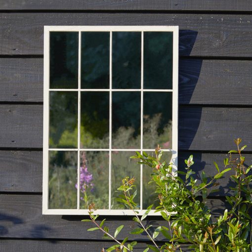 rectangular metal framed outdoor window wall mirror with a lightly distressed finish