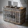 large rectangular handmade rattan log basket with black 'LOGS' lettering to front and thick rope detailing