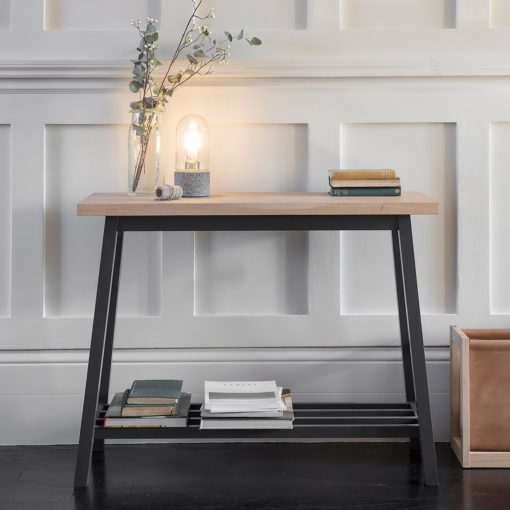 nordic style beech console table with a painted black base with shelf and natural oak top