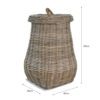 large round pear shaped rattan laundry basket with lid and rope handle detail