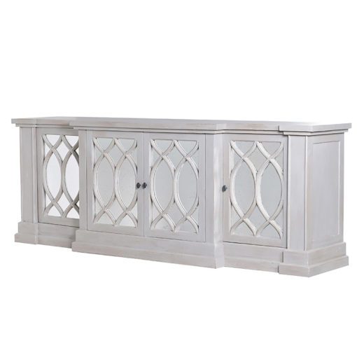 large mahogany sideboard with a decorative mirrored front with a lightly distressed pale grey painted finish