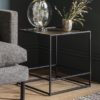 industrial style square side table with an open black metal frame topped with a raw metal surface in gold, copper or silver