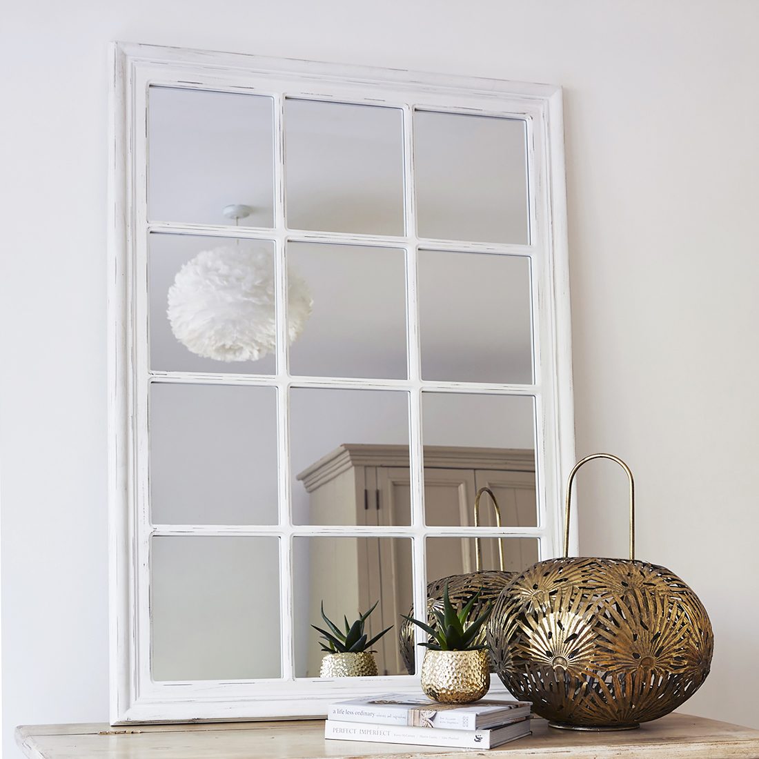 White Distressed Rectangular Wooden, Large White Rectangular Window Mirror