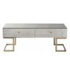rectangular vintage mirror glass coffee table on angled gold metal legs with four drawers