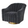 contemporary dark grey velvet upholstered club armchair with deep seems and sat on a circular brass base