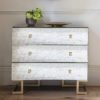 large three drawer vintage mirrored chest with gold square handles and gold angular legs