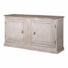 large wooden sideboard with a white-washed base, wooden top and iron handles with two cupboard doors and internal shelves