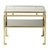 art deco style square occasional side table or coffee table with a polished gold metal frame with a clear glass top and smoked glass shelf underneath