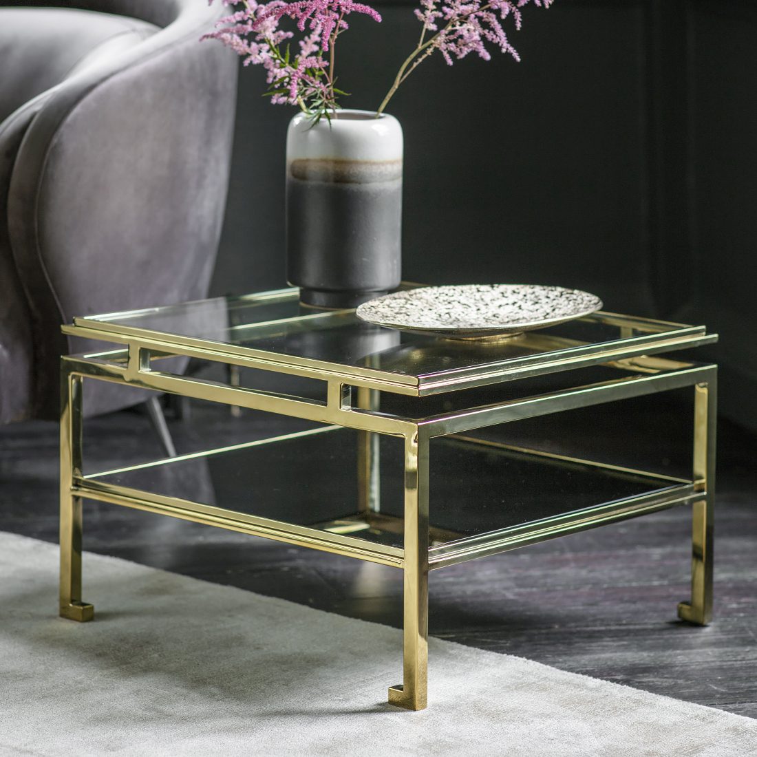 Lucille Gold Square Occasional Table With Glass Top Two Sizes Primrose Plum