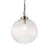 clear glass globe pendant light with a ribbed detailing suspended from an antique gold adjustable chain