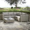 weathered wood panelled corner sofa, armchair and coffee table garden set with linen-look showerproof cushions