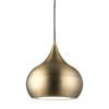 large domed metal pendant light with a brushed brass finish and black cord
