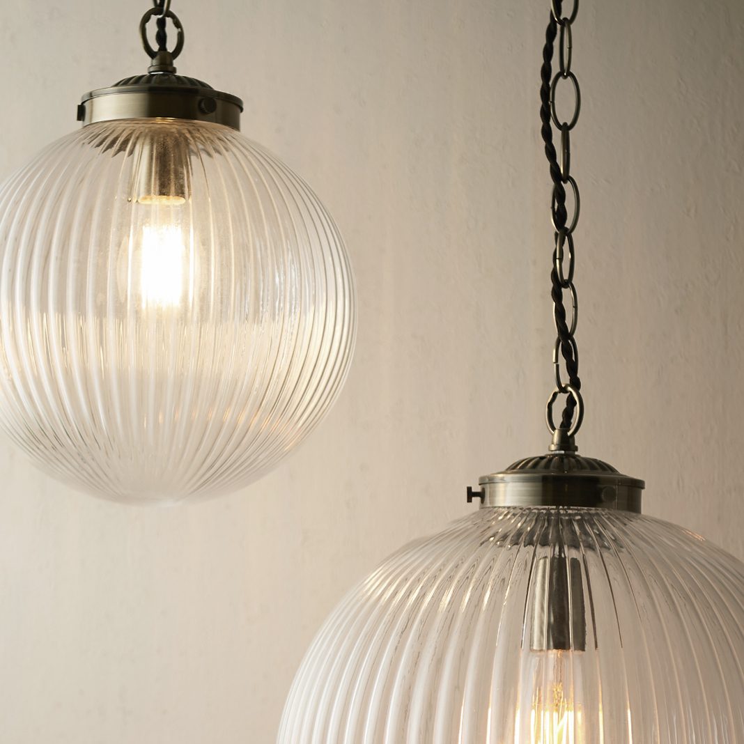 Ribbed Glass Globe Pendant Light Two Sizes Primrose And Plum