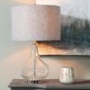 teardrop shaded glass table lamp base with silver iron base and collar complete with light grey and white herringbone drum lampshade
