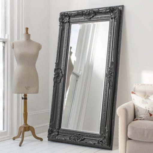 ornate baroque style black framed floor standing mirror