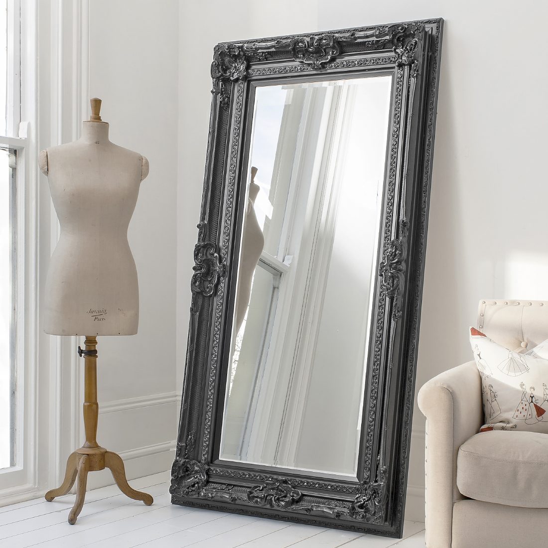 Black Baroque Leaner Mirror Primrose, Large Floor Standing Leaner Mirror