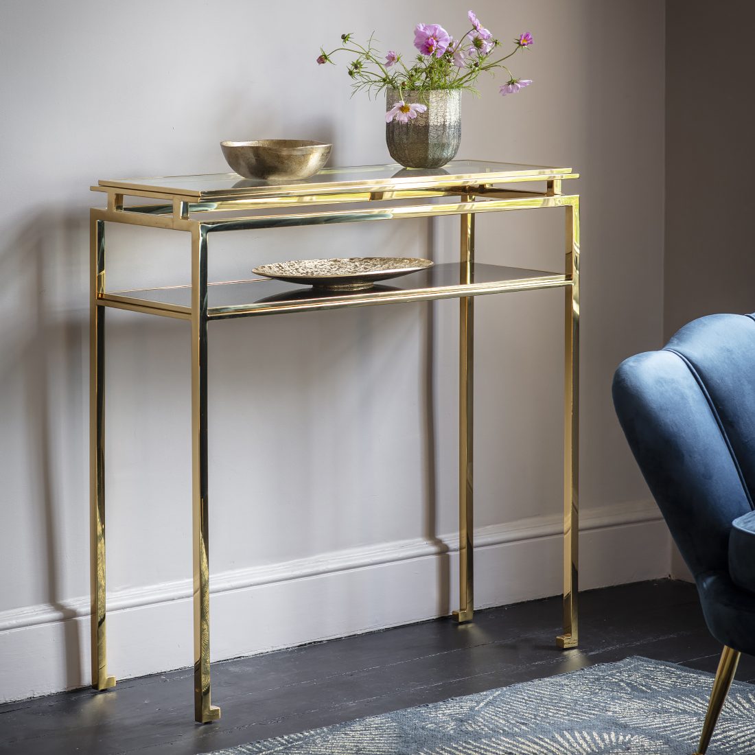 Lucille Gold Console Table With Glass, Metal Console Table With Glass Top