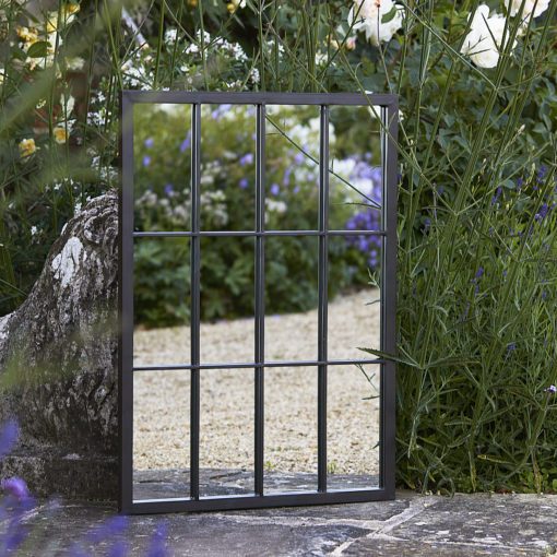 12 pane black metal framed rectangular outdoor garden window mirror