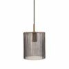 smoked glass cylinder lampshade with a ribbed design suspends from a brass cord set with black cable