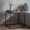 black metal framed rectangular side table with black wooden tray top