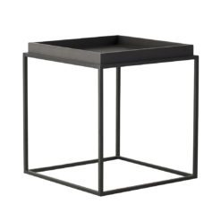 black metal framed rectangular side table with black wooden tray top
