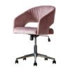 retro style swivel desk chair upholstered in blush pink velvet with a chrome base and castor wheels