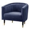 blue velvet tub chair with wide pleats and gold tipped legs