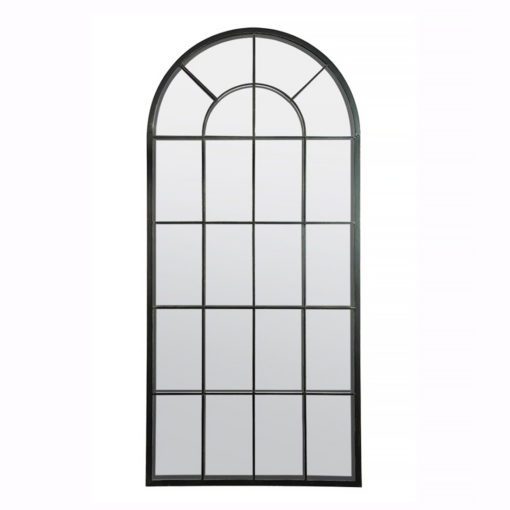 large black metal framed arched industrial window mirror