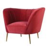 large deep crimson velvet contemporary armchair with high curved back and gold stick legs