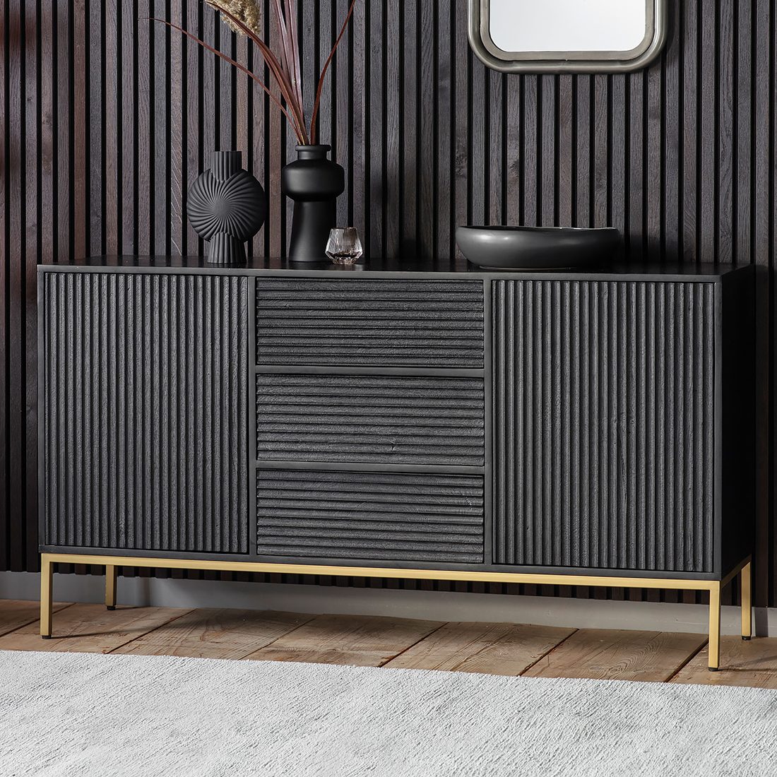 Linear Black Wooden Sideboard - Primrose & Plum