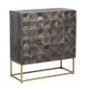 rustic dark mango wood three drawer chest with carved geometric design to front of drawers and gold square framed metal base