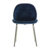set of two modern dining chairs with chrome stick legs and upholstered in a dark blue velvet