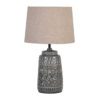 glazed dark grey ceramic table base with arts and craft textured design and natural linen round lampshade