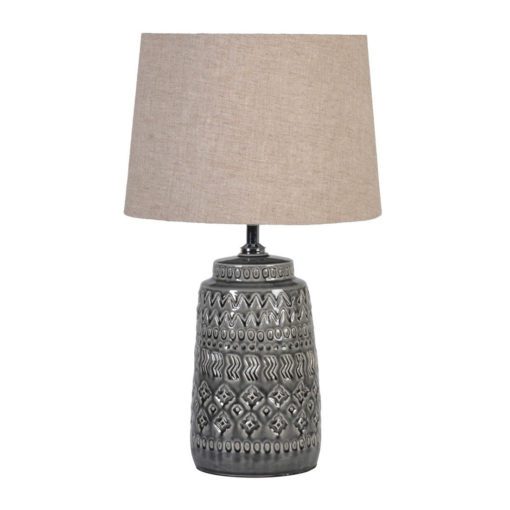 glazed dark grey ceramic table base with arts and craft textured design and natural linen round lampshade