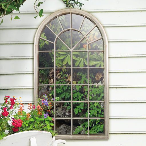 large outdoor window wall mirror with a lightly distressed natural finish