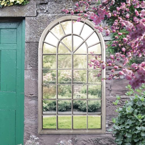 extra large outdoor window wall mirror with a lightly distressed natural finish