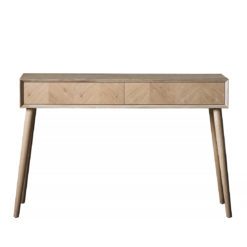 strong oak wooden console table with four oak legs, two drawers and a unique chevron design