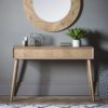 strong oak wooden console table with four oak legs, two drawers and a unique chevron design