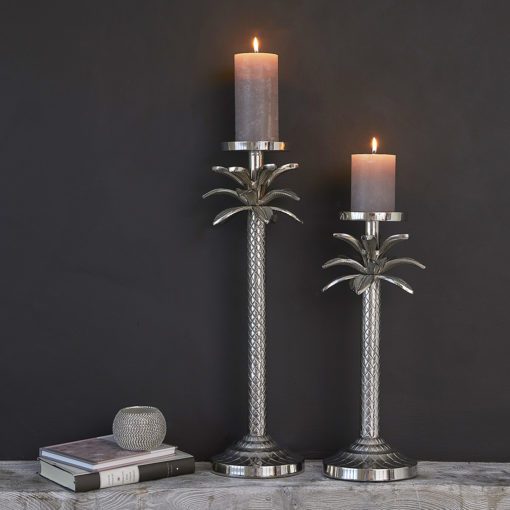 silver aluminium palm tree pillar candlesticks available in two large sizes