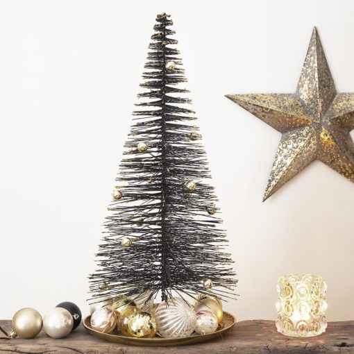 large black bristle brush christmas tree with gold glitter tips and gold shiny baubles